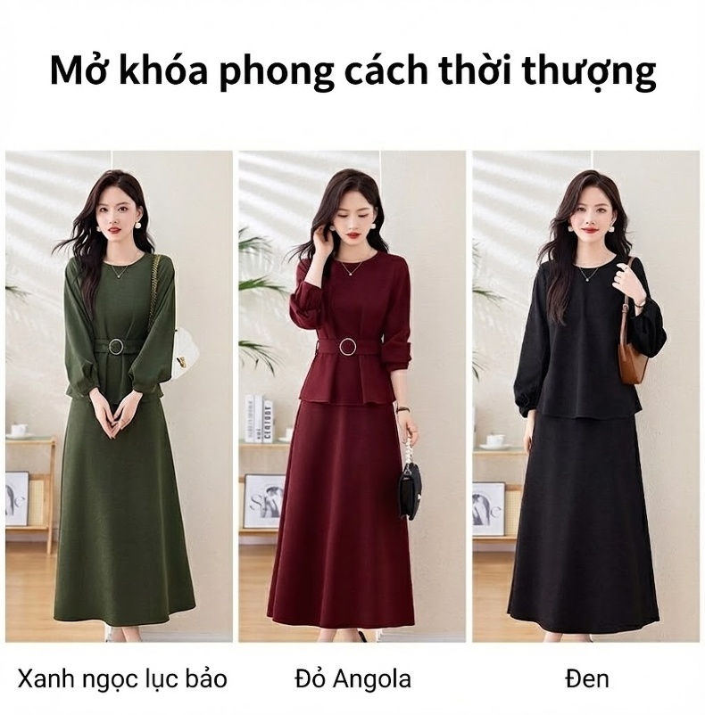 Set Bộ Áo Blazer và Chân Váy Midi Thanh Lịch, Quý Phái Màu Đỏ Rượu, Xanh Olive, Đen chi tiết 5