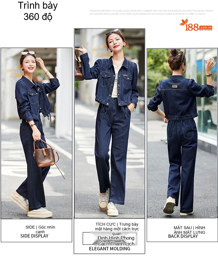 Bộ Quần Áo Nữ Áo Khoác Quần Dài Vải Denim Phong Cách Hàn Quốc Thanh Lịch Màu Xanh Denim chi tiết 2