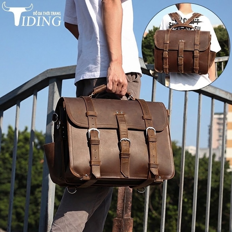 Túi Đeo Vai Nam Da Thật Phong Cách Retro Đựng Laptop 15.6 Inch Màu Nâu