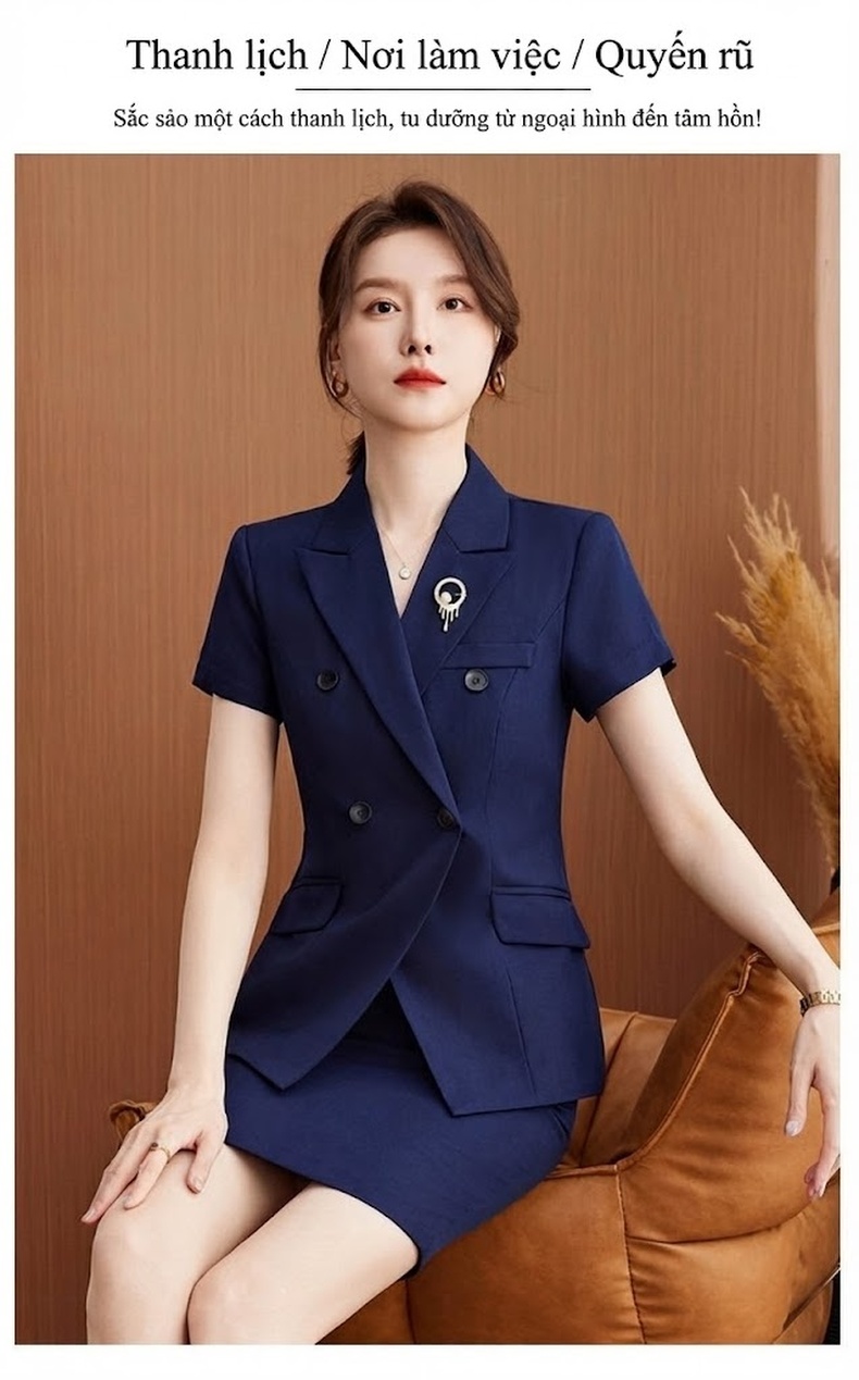 Bộ Vest Công Sở Nữ Tay Ngắn Màu Đen, Hồng, Xanh Navy chi tiết 3