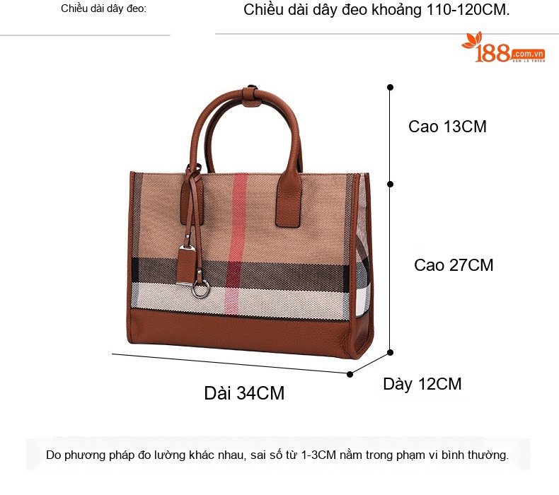 Túi Tote Nữ Vải Canvas Họa Tiết Kẻ Ô Cao Cấp Phối Da Màu Nâu chi tiết 20