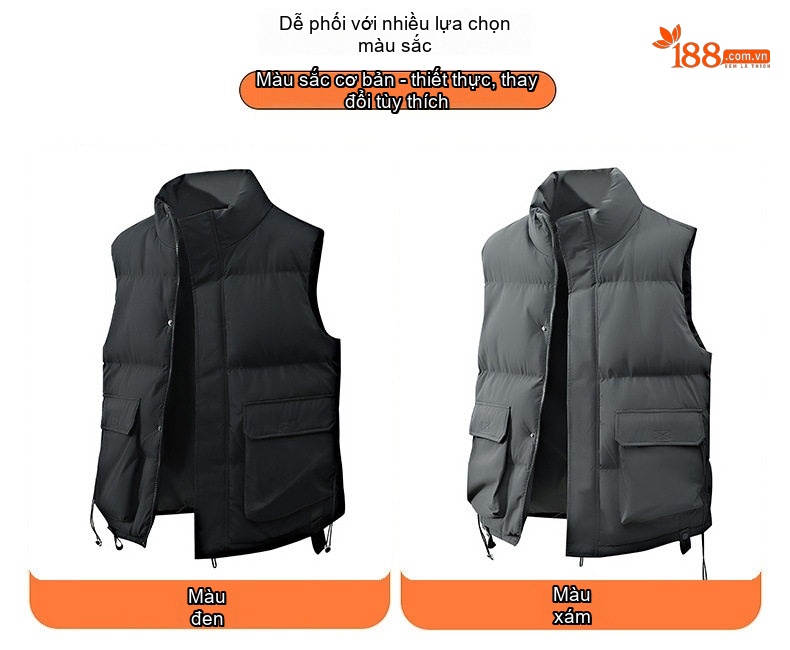 Áo Gilet Phao Nam Nữ Mùa Đông Dáng Rộng Cổ Trụ Túi Hộp Màu Đen, Trắng, Xám chi tiết 4