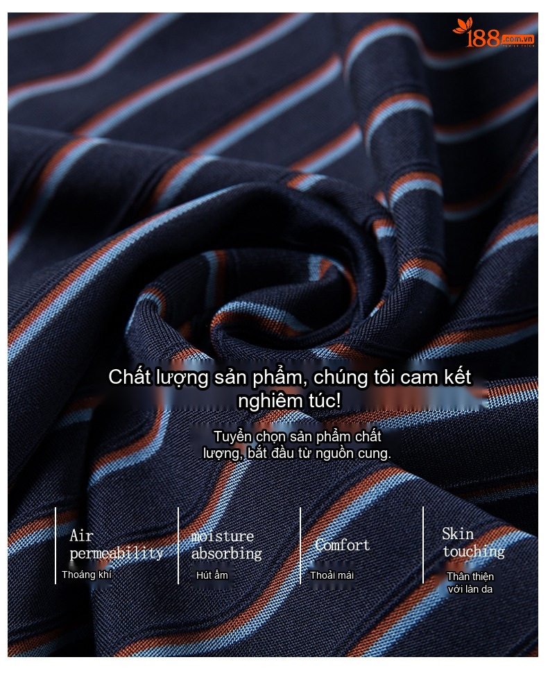 Áo Polo Nam Tay Ngắn 100% Pure Mulberry Silk (Tằm) Họa Tiết Sọc Màu Xanh Navy chi tiết 3