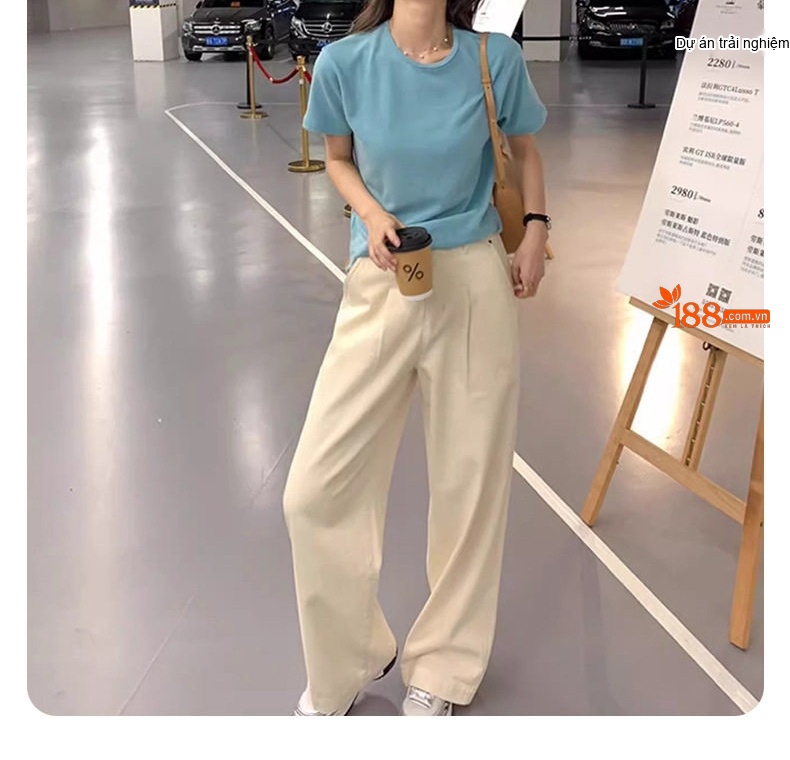 Áo Thun Nữ Tay Ngắn Cổ Tròn Cotton Dáng Rộng Màu Xanh Dương, Nâu chi tiết 10