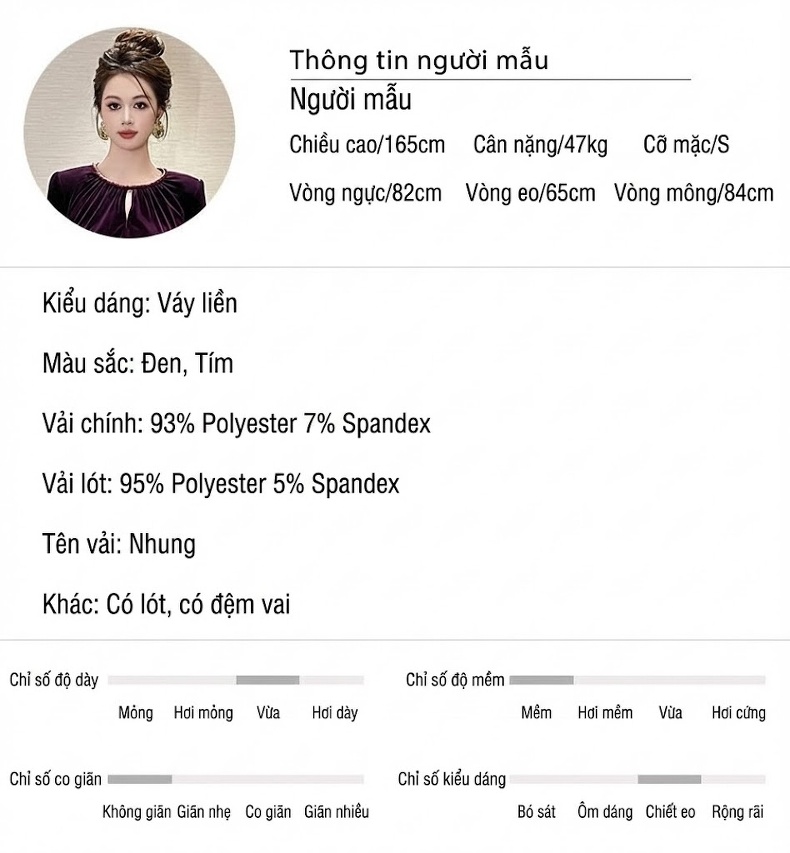 Váy Ôm Body Nữ Vải Nhung Dài Tay Cổ Tròn Đính Đá Sang Trọng Màu Đen, Tím chi tiết 2