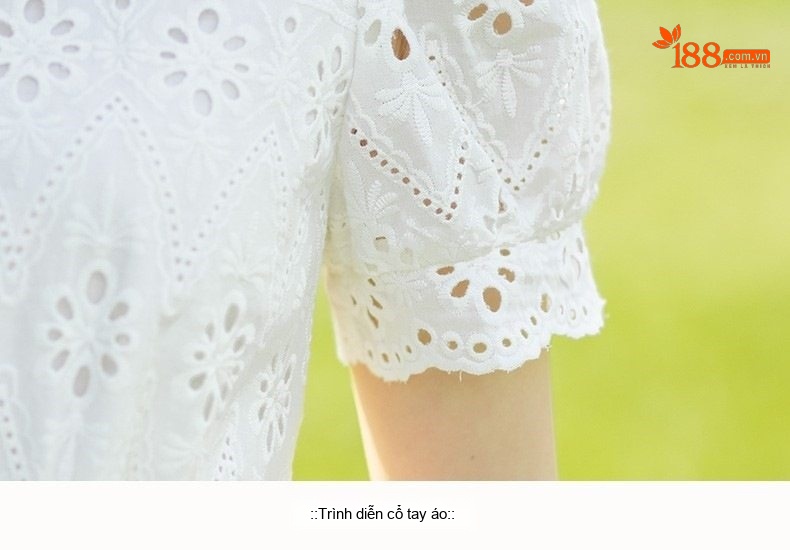 Váy liền thân Nữ Cổ Tròn Tay Ngắn Dáng Dài Chiết Eo Họa Tiết Lỗ Phong Cách Pháp Màu Trắng chi tiết 8