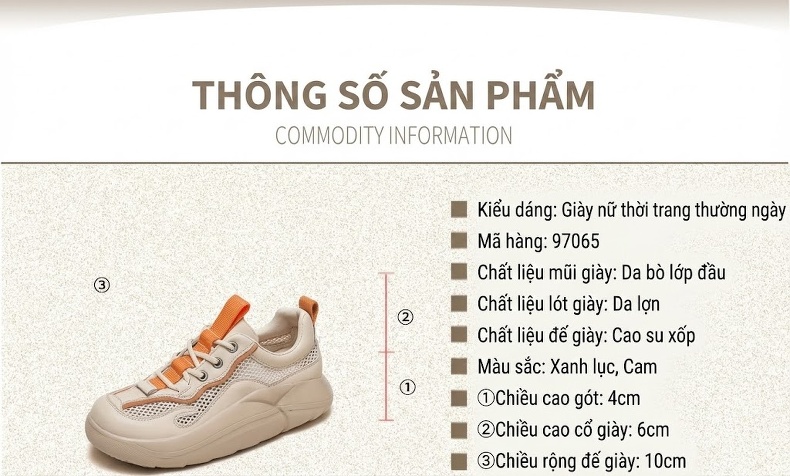 Giày Thể Thao Nữ Da Bò Phối Lưới Buộc Dây Đế Bánh Mì Đế Cao 4cm - 5cm Màu Kem, Xanh Lá, Cam chi tiết 2