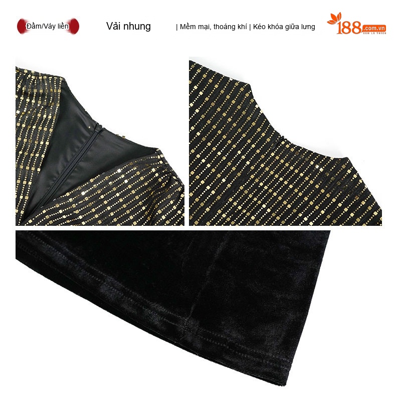 Váy Đầm Nữ Dáng Dài Vải Nhung Cổ chữ V Lệch Tà Đính Kim Sa Màu Đen, Đỏ Đất, Xanh Navy chi tiết 5