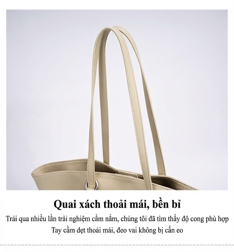 Túi Tote Nữ Da Thật Phong Cách Hàn Quốc Sức Chứa Lớn Màu Kem, Xám chi tiết 13
