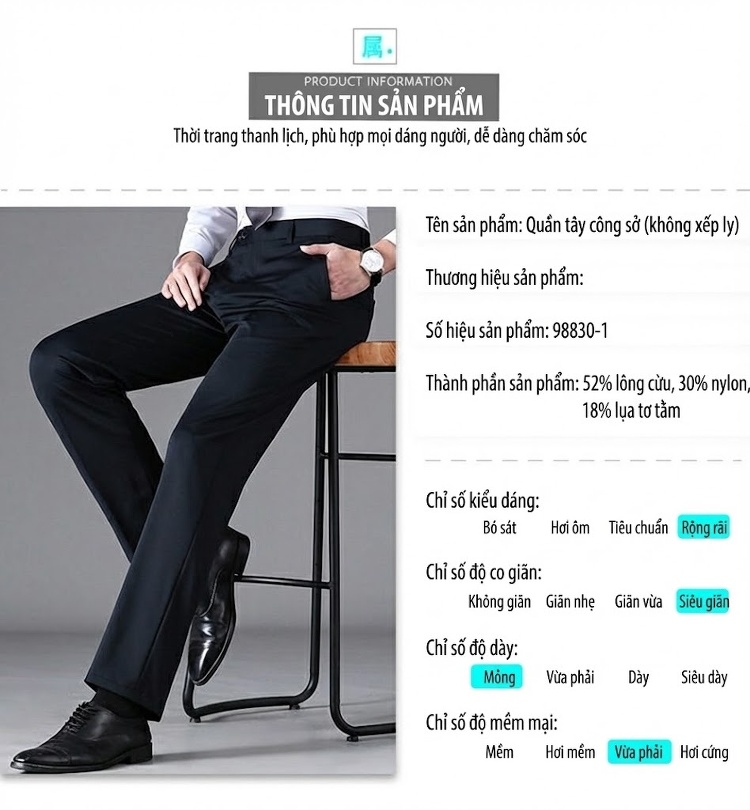 Quần Tây Nam Ống Đứng Silk Wool Chống Nhăn Màu Đen chi tiết 5