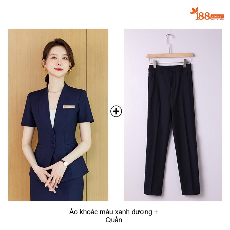 Bộ Vest Công Sở Nữ Tay Ngắn Cao Cấp, Sang Trọng Màu Xám, Xanh Navy