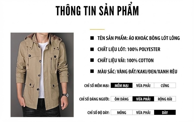 Áo Khoác Nam Cotton Dáng Dài Lót Lông Dày Dặn Có Mũ Trùm Đầu Màu Be, Đen, Xanh Lá, Nâu chi tiết 2