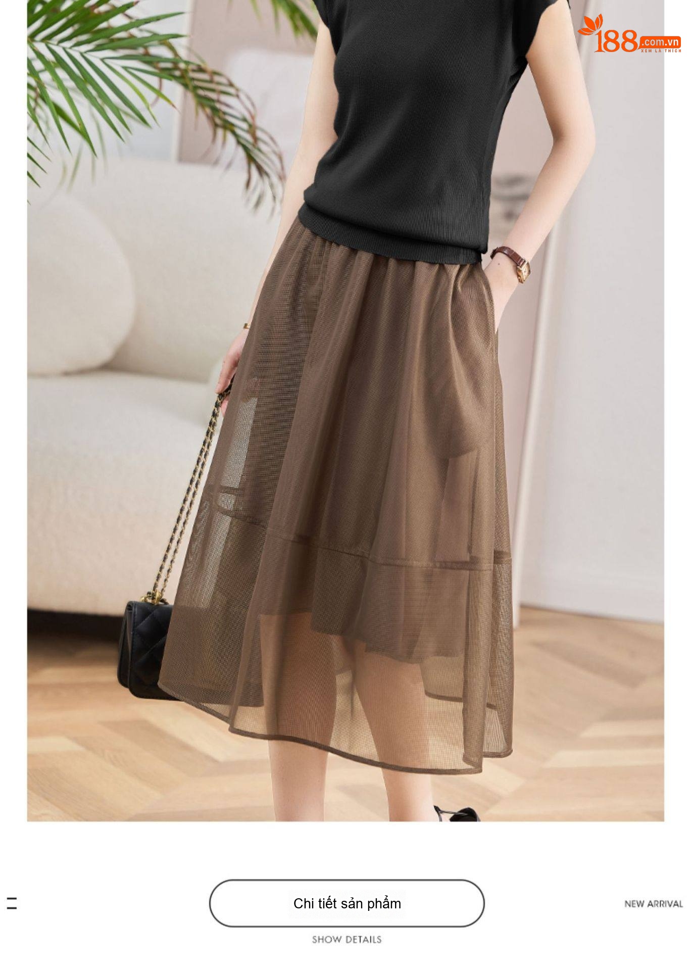 Set Bộ Áo Thun Cộc Tay Và Chân Váy Voan dáng chữ A Thanh Lịch Màu Nâu, Đen chi tiết 25