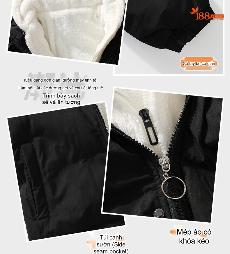 Áo Khoác Cotton Nam Lông Cừu Non Hai Lớp Dày Dặn Có Mũ Trùm Đầu Màu Trắng, Xanh Dương, Xanh Lá, Hồng... chi tiết 11