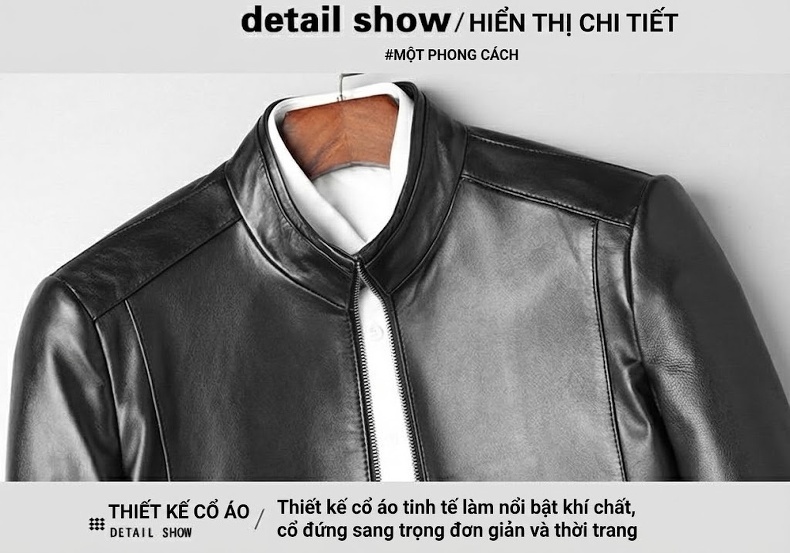 Áo Khoác Da Cừu Nam Trung Niên Cổ Trụ Dáng Ôm Màu Đen chi tiết 5