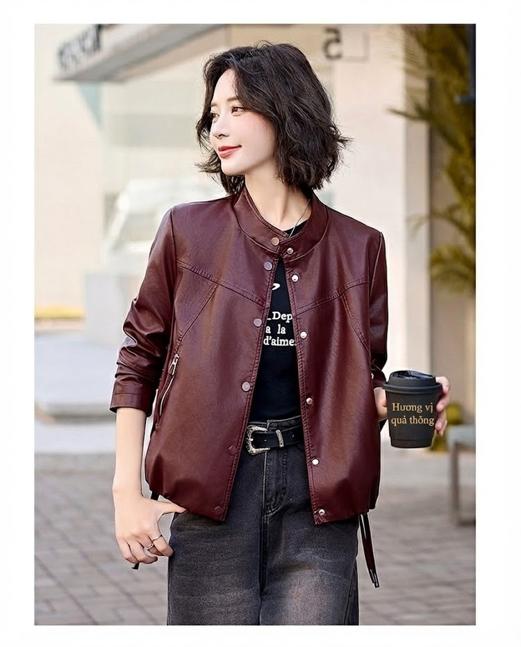 Áo Khoác Bomber Nữ Da PU Dáng Ngắn Thời Trang Màu Đen, Đỏ Rượu chi tiết 26