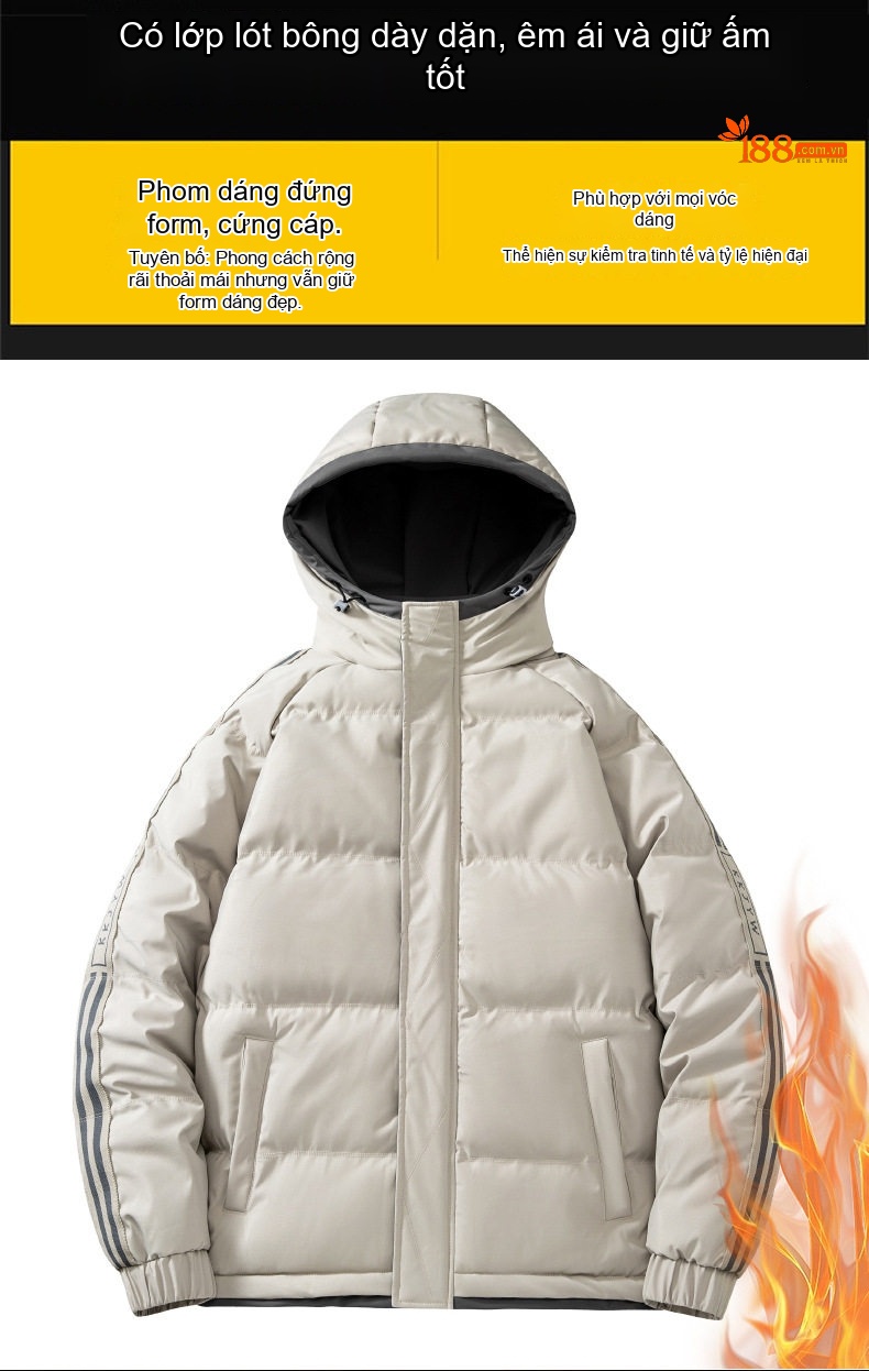 Áo Khoác Cotton Nam Dáng Rộng Có Mũ Trùm Đầu Dày Dặn Phong Cách Đường Phố Màu Đen, Xám, Kem... chi tiết 2
