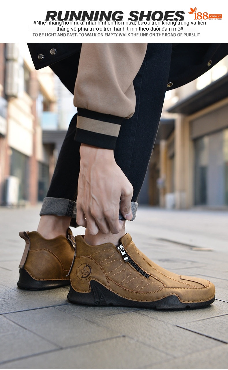 Giày Boot Nam Cổ Cao Khóa Kéo Bên Chiều Cao Đế Khoảng 3cm Màu Đen, Xanh Dương, Nâu chi tiết 23