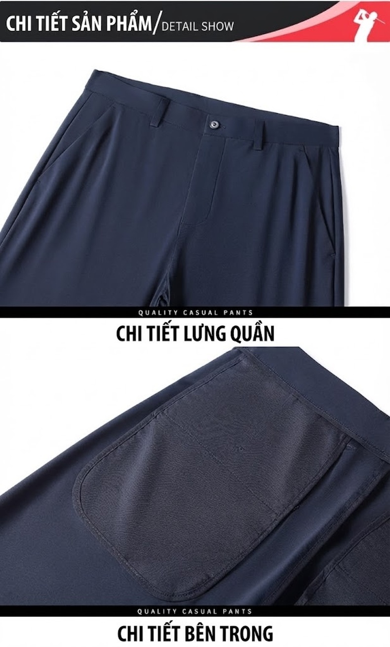 Quần Golf Dài Nam Ống Đứng Mỏng Mát Chống Nhăn Thoáng Khí Màu Xám, Đen chi tiết 15