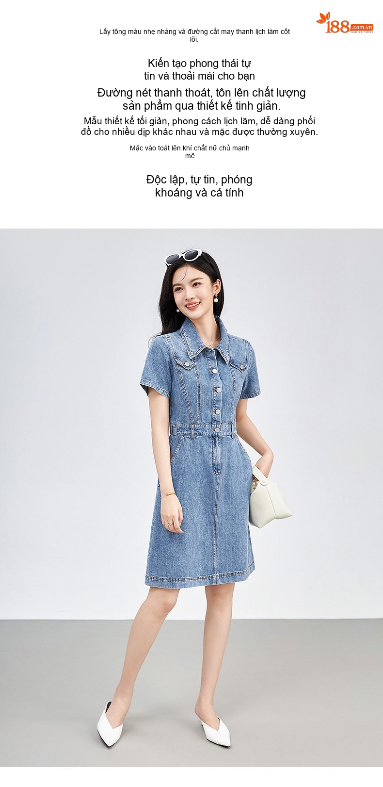 Váy Đầm Jean Nữ dáng chữ A Cổ Bẻ Tay Ngắn Phong Cách Thời Trang Trẻ Trung Màu Xanh Denim chi tiết 2