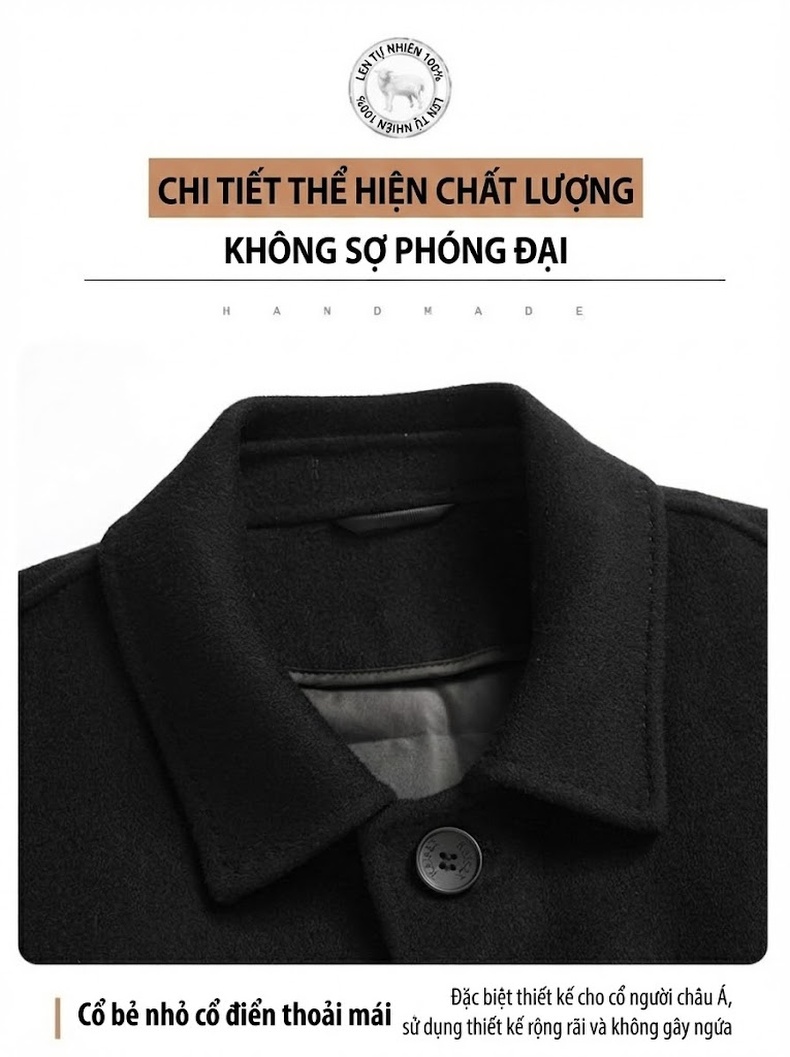 Áo Khoác Nam Dạ Lông Cừu Hai Mặt Dáng Dài Trung Niên Có Lớp Lót Lông Vũ Tháo Rời Màu Đen chi tiết 17