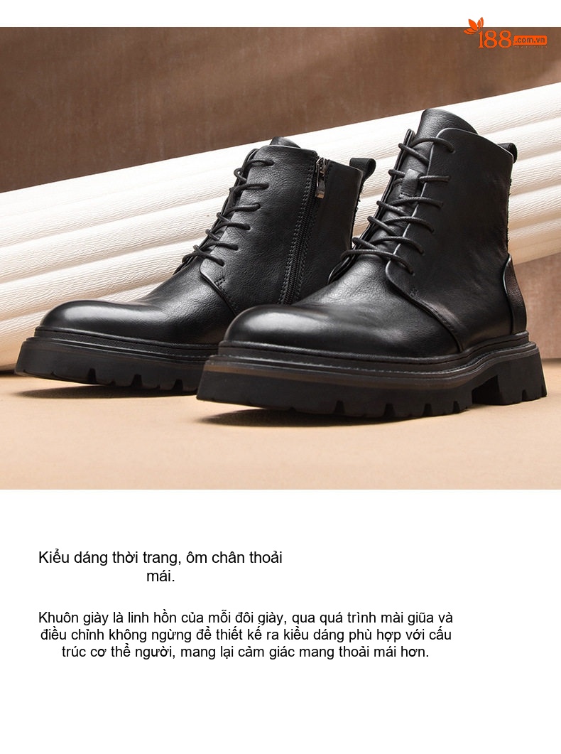 Giày Boot Martin Nam Da Thật Cổ Cao Chiều Cao Đế Khoảng 4cm Màu Đen, Nâu chi tiết 3