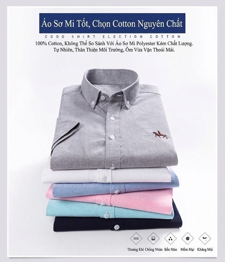 Áo Sơ Mi Ngắn Tay Nam Cotton Oxford Dáng Ôm Vừa Vặn Màu Trắng, Xám, Xanh Dương, Xanh Mint... chi tiết 1