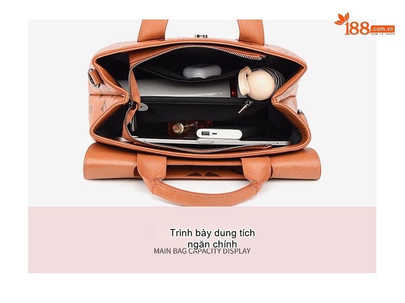 Túi Xách Tay Nữ Dập Nổi Họa Tiết Chữ Lớn Da Bóng Công Sở Màu Nâu, Xanh Rêu, Đỏ Rượu chi tiết 10