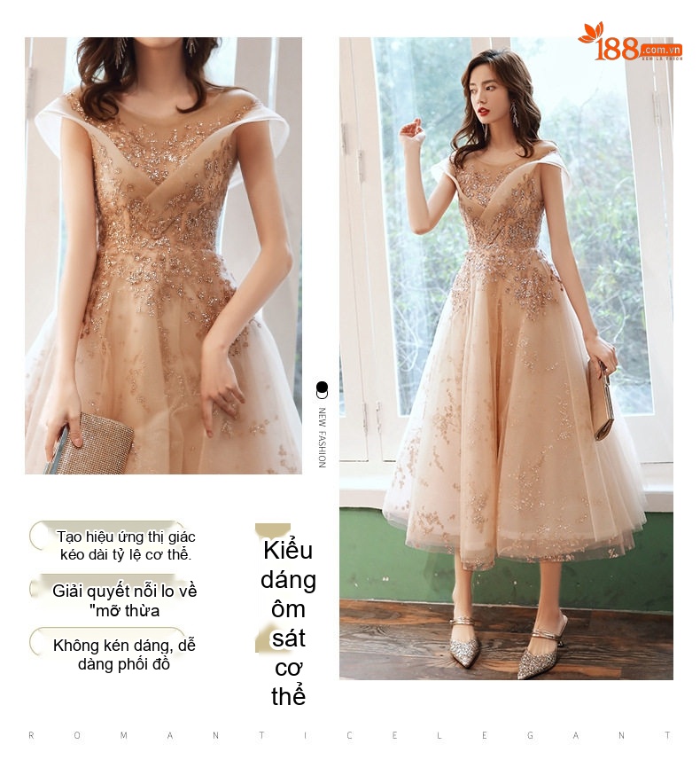 Váy Dạ Hội Nữ Pháp Kiểu Hepburn Màu Champagne Khí Chất Tiệc Tối chi tiết 4