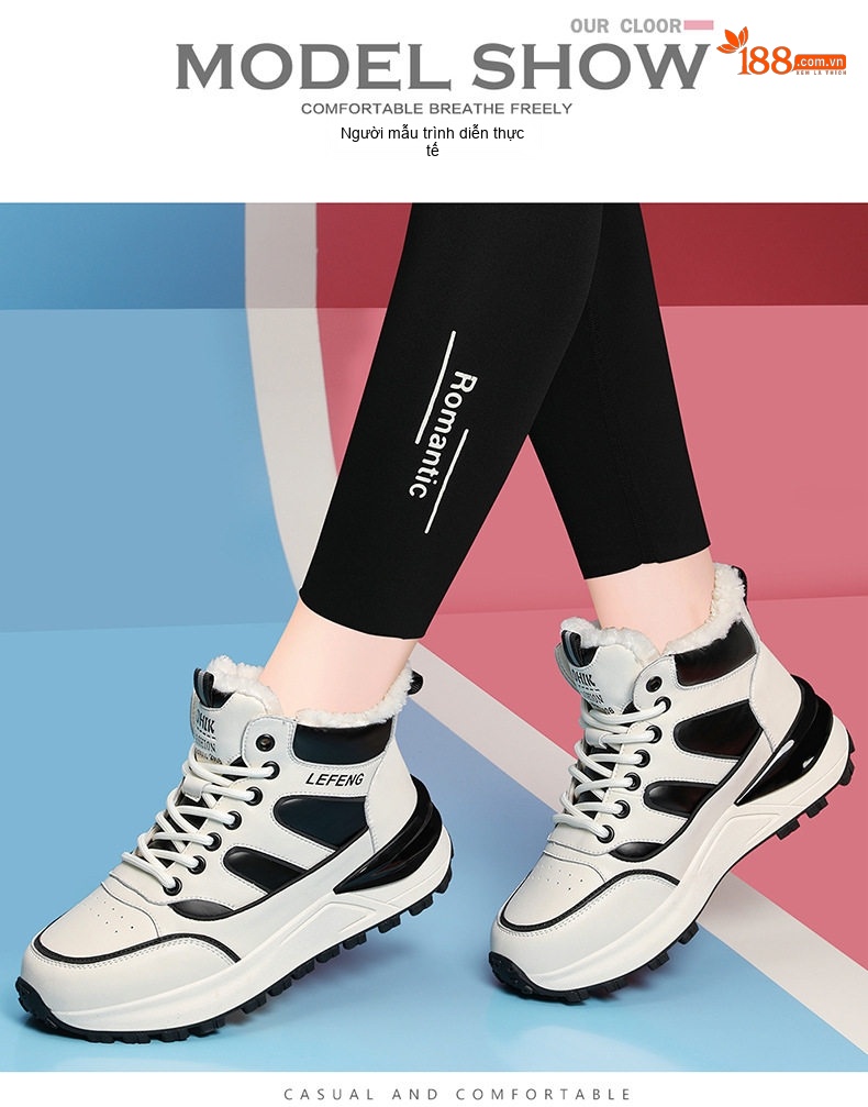 Giày Sneaker Nữ Đế Bằng Lót Lông Chiều Cao Đế Khoảng 4cm Màu Trắng, Đen, Xám chi tiết 4