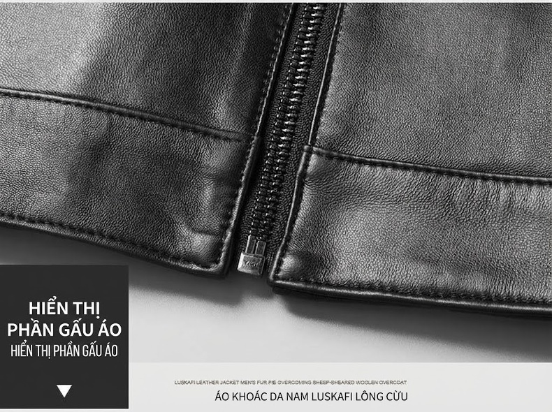 Áo Khoác Da Cừu Thật Nam Trung Niên Lót Lông Vũ Cổ Trụ Màu Đen chi tiết 17