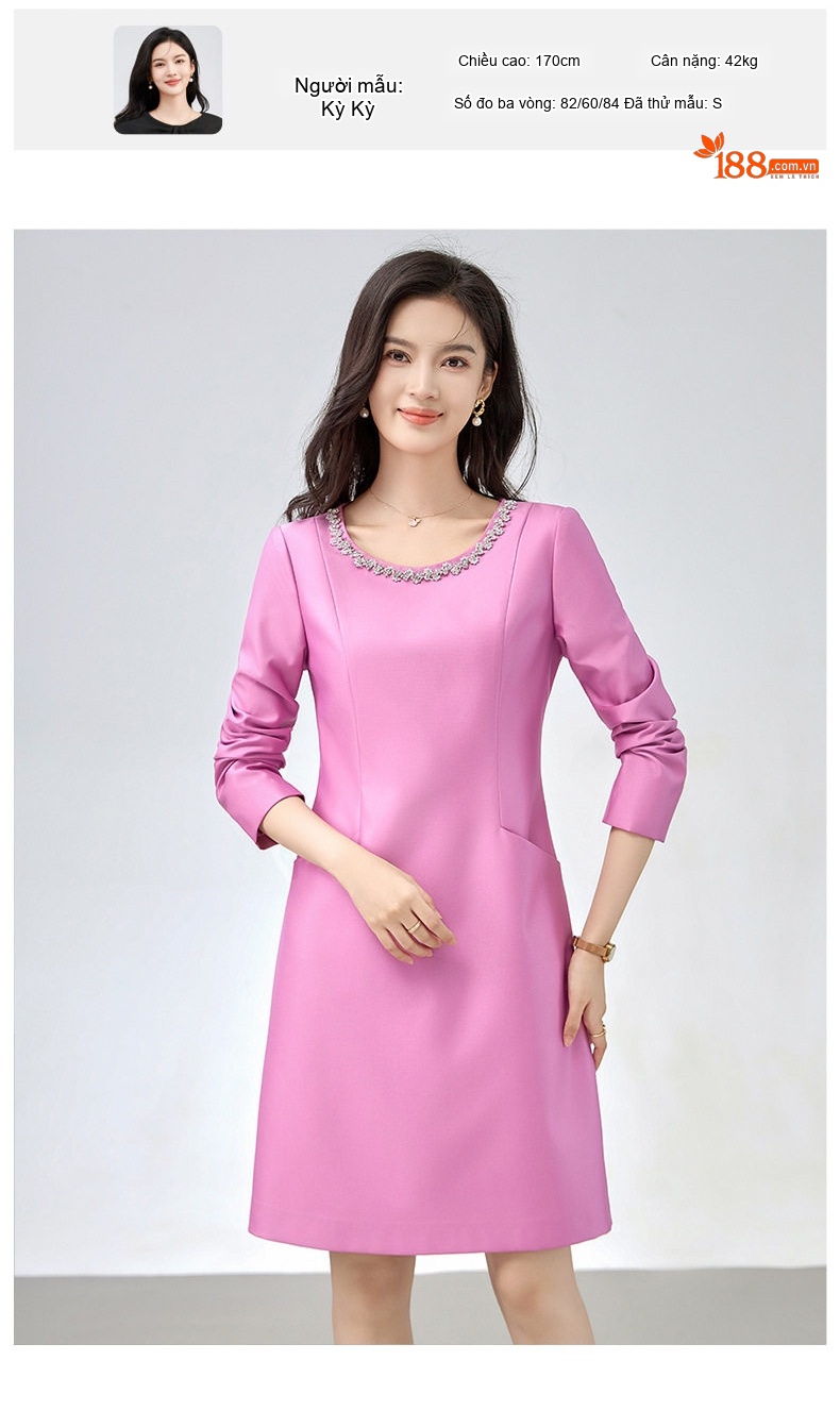 Váy Liền Thân Nữ Tiểu Thư Cổ Điển Chiết Eo Đính Hạt Màu Trắng Kem, Đen, Hồng chi tiết 8