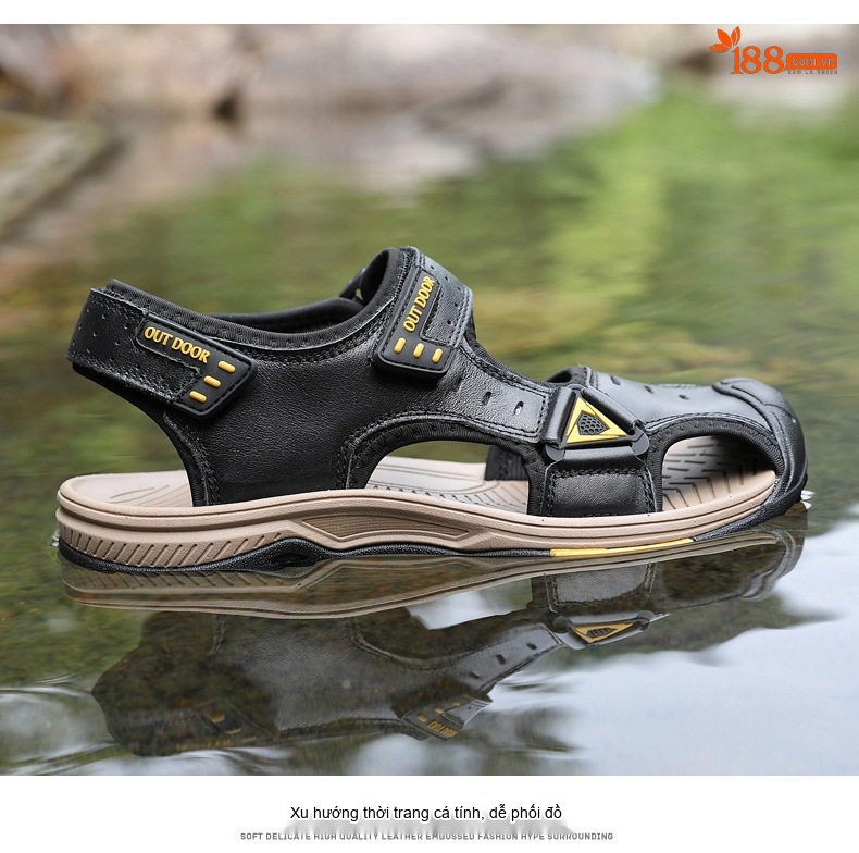 Dép Sandal Nam Da Thật Quai Dán Đế Cao Su Chống Trượt Bít Mũi Đi Biển, Đi Phượt (đế cao 3 cm) chi tiết 21
