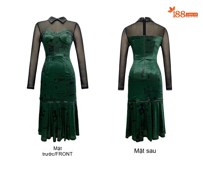 Váy Lụa Nhung Dài Tay Cổ Búp Bê Viền Bèo Tầng Màu Xanh Lá chi tiết 6