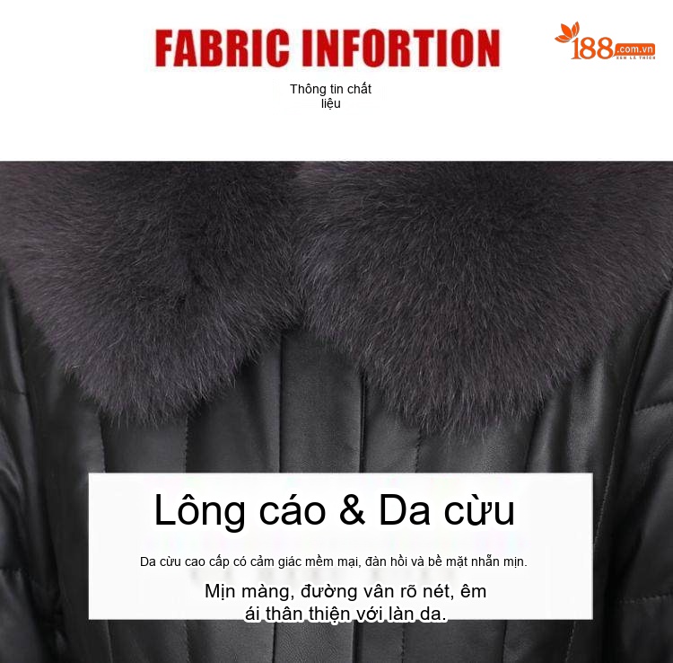 Áo Khoác Phao Dáng Dài Nữ Da Cừu Cổ Lông Cáo Có Mũ Màu Đen chi tiết 3