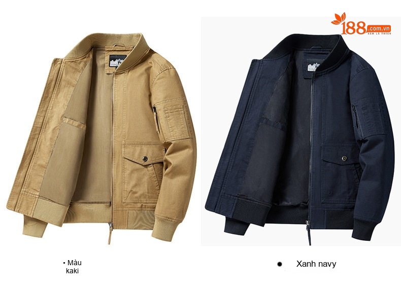 Áo Khoác Bomber Nam Cotton Dáng Rộng Phong Cách Bụi Bặm Màu Be, Xanh Navy, Nâu, Xanh Rêu... chi tiết 12