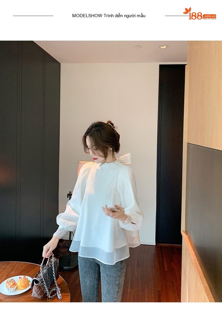 Áo Sơ Mi Nữ Tay Phồng Lồng Đèn Cổ Điển Thắt Nơ Chất Liệu Voan Màu Trắng, Hồng chi tiết 5