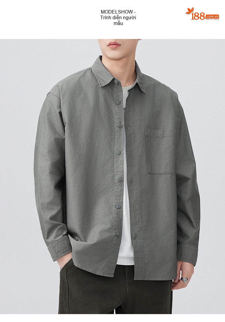 Áo Sơ Mi Nam Oxford Cotton Dáng Rộng Phong Cách Retro Màu Xám, Trắng, Nâu chi tiết 5