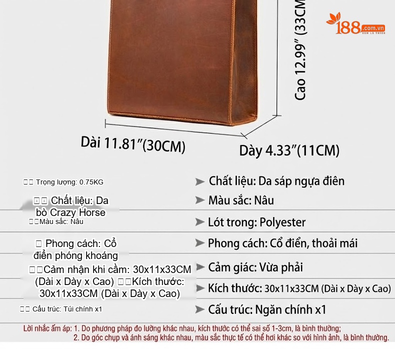 Túi Đeo Vai Nam Da Bò Crazy Horse Đựng Laptop Công Sở Màu Nâu Đậm, Nâu Vàng chi tiết 8