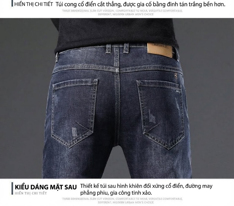 Quần Jean Nam Dáng Ôm Vừa Vặn Co Giãn Nhẹ Màu Xanh Đậm chi tiết 17