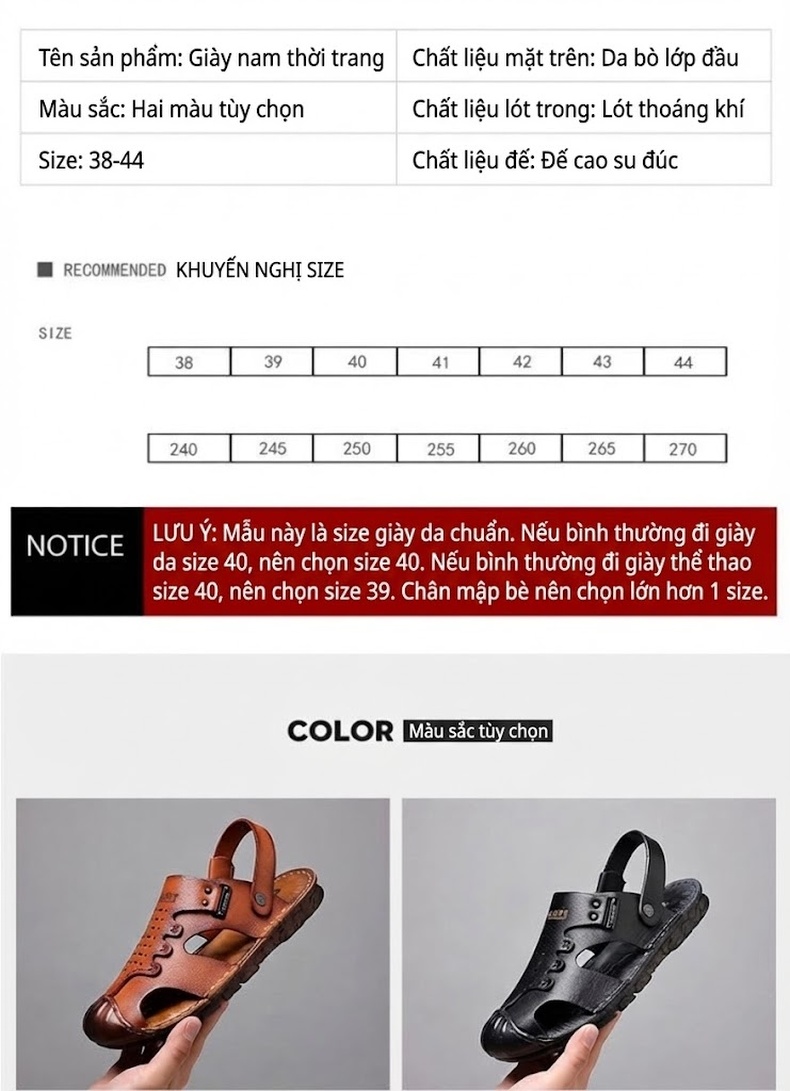 Dép Sandal Nam Da Bò Bít Mũi Thoáng Khí Chiều Cao Đế Khoảng 2cm Màu Nâu, Đen chi tiết 4
