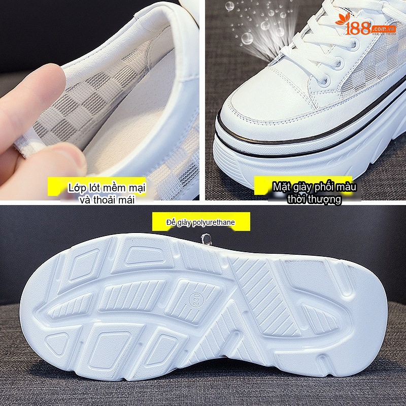 Giày Sneaker Nữ Da Bóng Đế Xuồng Chiều Cao Đế Khoảng 5cm Màu Trắng