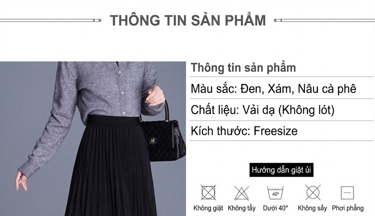 Chân Váy Nữ Lưng Thun dáng chữ A Dài Qua Gối Xếp Ly Chất Liệu 毛呢 (Mao Ni) Màu Đen, Nâu, Xám chi tiết 11