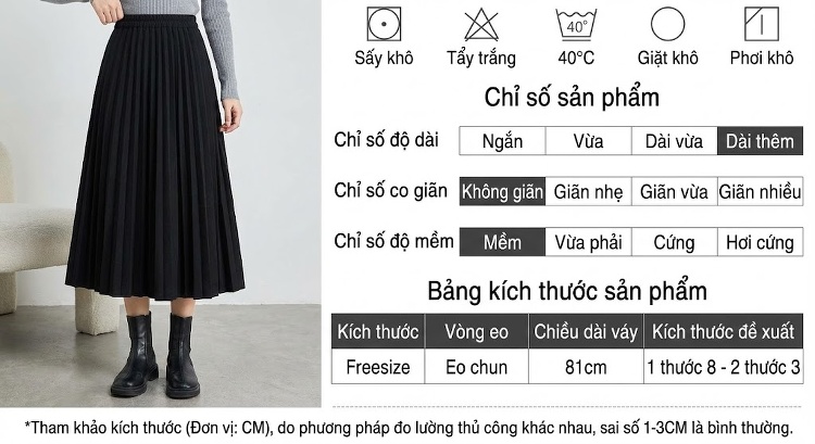 Chân Váy Nữ Lưng Thun dáng chữ A Dài Qua Gối Xếp Ly Chất Liệu 毛呢 (Mao Ni) Màu Đen, Nâu, Xám chi tiết 12