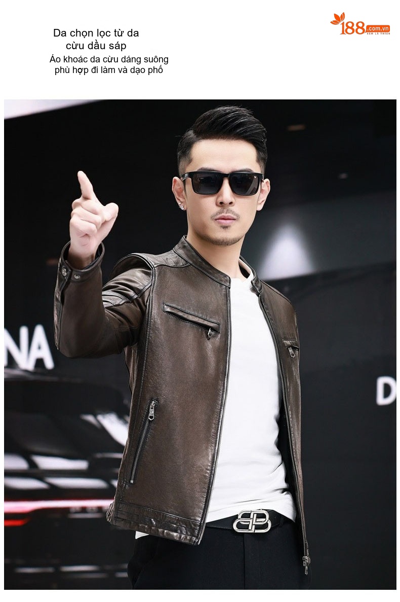 Áo Khoác Da Cừu Nam Dáng Ngắn Cổ Trụ Phong Cách Biker Màu Nâu chi tiết 1