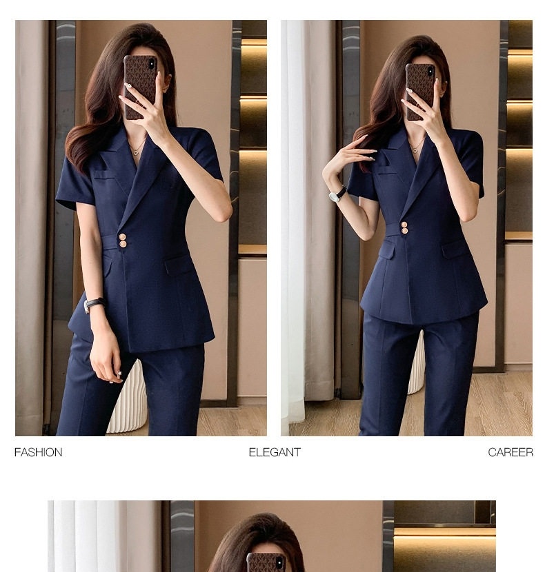 Bộ Vest Công Sở Nữ Tay Ngắn Áo Blazer Quần/Chân Váy Màu Xám, Đen, Xanh Dương chi tiết 19