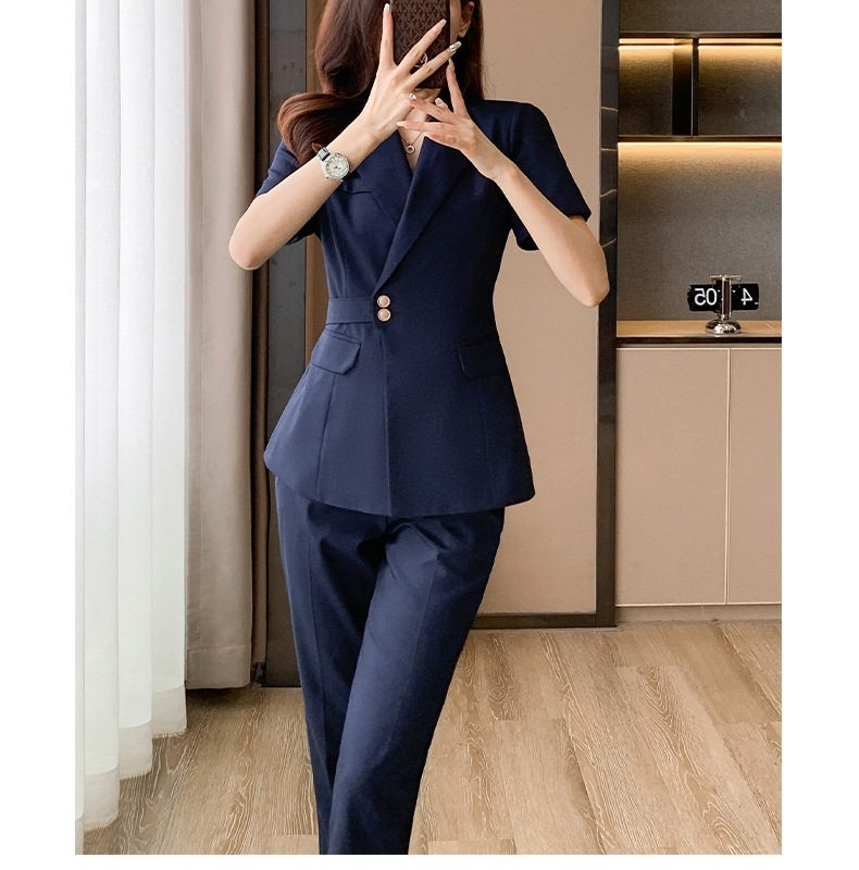 Bộ Vest Công Sở Nữ Tay Ngắn Áo Blazer Quần/Chân Váy Màu Xám, Đen, Xanh Dương chi tiết 20