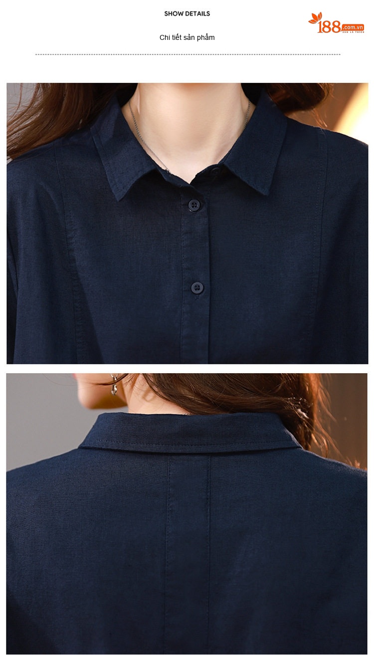 Váy Sơ Mi Nữ Dáng Suông Cotton Linen Phong Cách Retro Màu Xanh Navy, Tím, Nâu, Xanh Lá... chi tiết 34