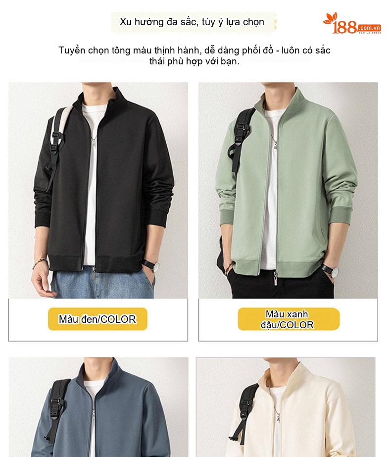 Áo Khoác Bomber Nam Cổ Trụ Khóa Kéo Phong Cách Casual Màu Nâu, Xanh, Đen, Trắng... chi tiết 5