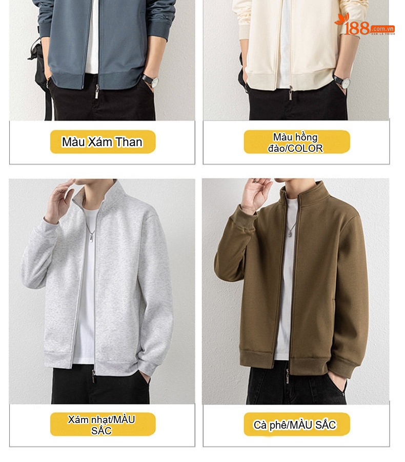 Áo Khoác Bomber Nam Cổ Trụ Khóa Kéo Phong Cách Casual Màu Nâu, Xanh, Đen, Trắng... chi tiết 6